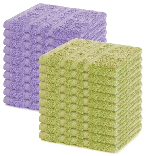 Lavea® 20er Seiftuch Set, 30 x 30 cm, 100% Baumwolle Frottier, Gästehandtücher und kleine Waschlappen, pflegeleicht 60 °C, Frottierserie Elena, ideal für Bad und Gäste WC, Lindgrün & Lavendel