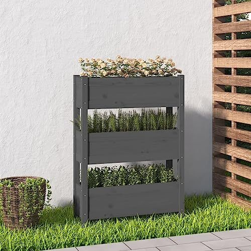 HETFTJN Hochbeet Balkon Grau 77x25x104,5 cm Massivholz Kiefer, 3-Etagen Pflanzkübel mit Rankgitter-Optik, platzsparendes vertikal Beet für Garten Terrasse Wohnzimmer, Modernes Design