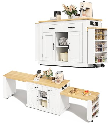 BTM Mobile Kücheninsel mit Arbeitsplatte, Küchenarbeitsplatte, Küchenschrank mit Rollen, Bartisch Ausziehbar mit Stauraum, Weiß