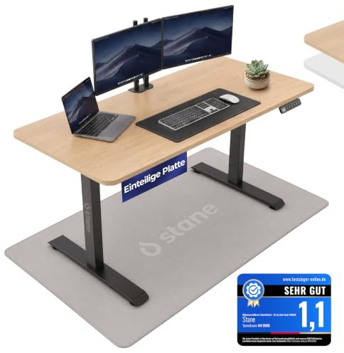 Stane Höhenverstellbarer Schreibtisch 140x60 - Elektrischer Bürotisch Eiche | Computertisch [4 Positionen] - ideal für Homeoffice und Büro mit Kabelkanal – Einteilige Tischplatte Eiche, schwarzer Rahmen