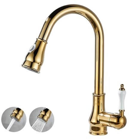 Robinet Cuisine Doré Mitigeur Cuisine avec Douchette Extractible 2 Modes | Mitigeur de Lavabo Rotatif à 360° Robinetterie de Cuisine Rétro en Laiton 2 Modes de Pulvérisation