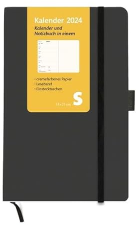 Kombitimer 2024 klein. Schwarzer Terminkalender 2024. Buch-Kalender mit Lesebändchen und Gummiband. Kleiner Taschenkalender zum Planen von Terminen.