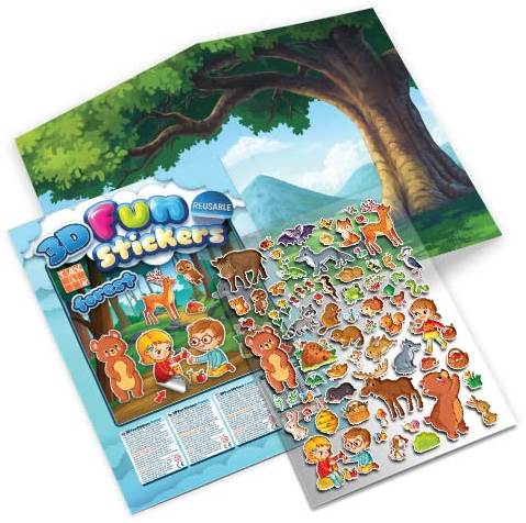 3D Aufkleber für Kinder - Zauberhafter Wald, Doppelseitigen Hintergrund + 73 Stück, Wiederverwendbare und Wasserfester 3D Sticker Set for Kids - TakTik