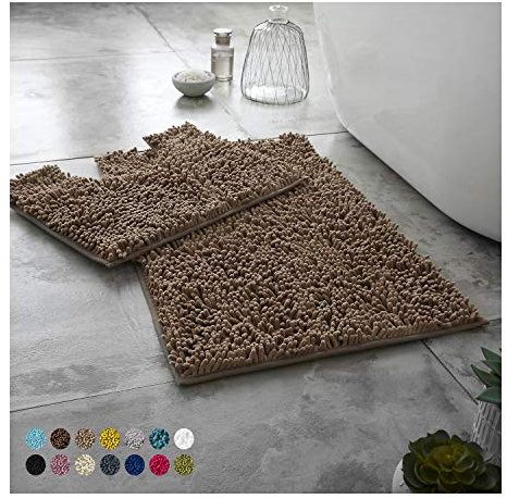 Lions Luxury 2 Piece Loop Bath Mats for Bathroom - Non Slip Chenille Bath Mat Set Rugs, Extra Soft with Water Absorbent Pedestal Bathmat Shower Toilet Mat, Latte