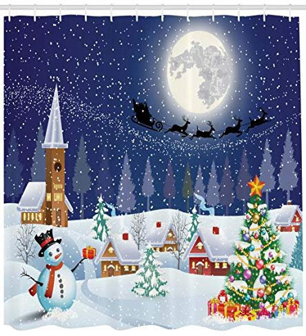 ABAKUHAUS Noël Rideau de Douche, Paysage d'hiver, Tissu Ensemble de Décor de Salle de Bain avec Crochets, 175 x 200 cm, Bleu İvoire
