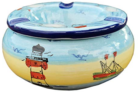 Windaschenbecher Küste Keramik Maritim Boot Leuchtturm Wind Becher Ascher Meer Nordsee Deko Aschenbecher (Modern L 11cm)