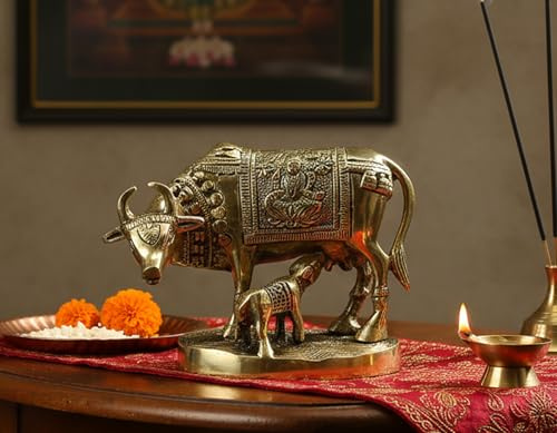 Stonkraft Schöne Glücksfigur – Nandi Kamdhenu Kuh und Kalb Messing Skulptur Statue