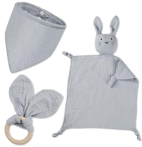 Baby Geschenk Junge Mädchen Neugeborene Geschenkset Babygeschenke 3 Stück Geschenke zur Geburt mit Schnuffeltuch Hase und Beißring Holz und Lätzchen Baby für Neugeborenen Babyparty Sachen (Grau)
