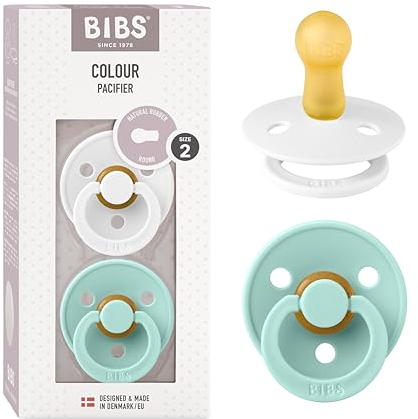 BIBS Colour Schnuller 2er-Pack, BPA-frei, Kirschform Nippel. Naturkautschuk/Latex, Größe 2 (6-18 Monate), White/Mint