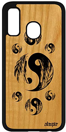 utaupia Coque pour Samsung A40 Bois Silicone Yin et Yang imprimé Image Masculin Feminin Plume Cover Noir Ying Rigide Garcon Case Noir de Galaxy