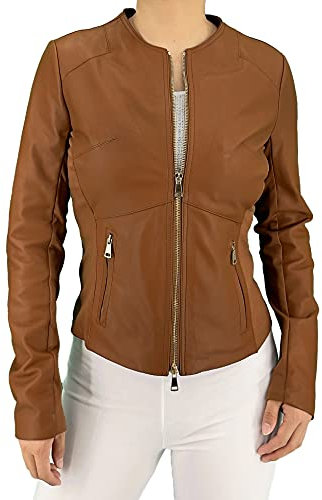 JOPHY & CO. Giacca Corta Donna Vera Pelle Moto Vintage con Tasche e Cerniere (cod. 207939 & 207968) (Camel (cod. 186853), L)