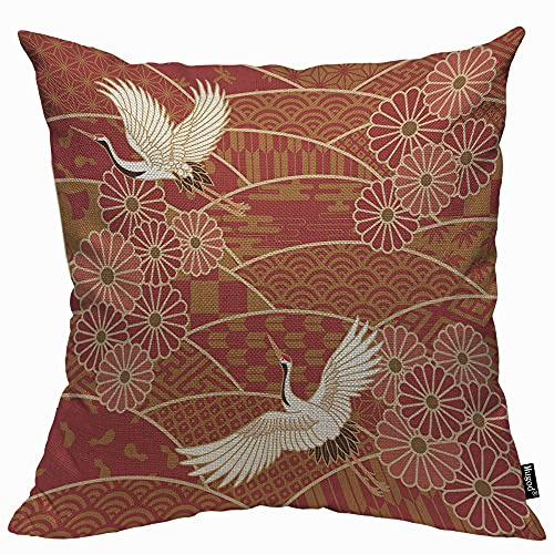 Mugod Kissenbezug, asiatisch, orientalisch, zwei Kraniche, Chrysanthemen, japanisches Wellenmuster, Kissenbezug für Männer und Frauen, dekoratives Zuhause, Sofa, Stuhl, Couch, 45 x 45 cm