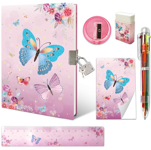 Journal Intime Fille Secret, Ensemble de Papeterie Enfant Comprend Papillon Carnet Secret Fille avec Cadenas Bloc-notes Gomme Taille-crayon Règle & 6 Couleur Stylo Cahier Secret Cadeau Fille 6-10 Ans