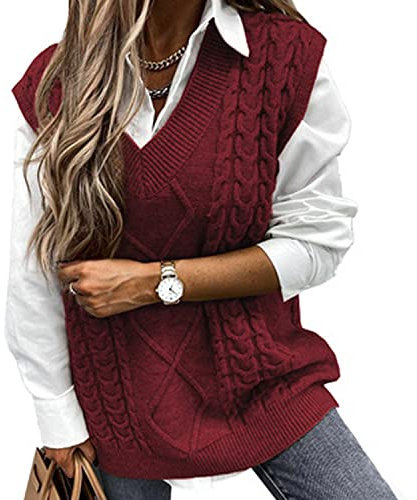 Voqeen Pullover Ärmellos Damen Pullunder Weste Pullunder V-Ausschnitt Pullover Strickweste Winter Herbst Sweater Vest (Weinrot, XL)