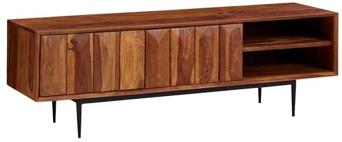 Finebuy Lowboard Sheesham Massivholz 123x42x35 cm TV-Kommode mit Zwei Türen, Design TV-Schrank Hoch, Fernsehtisch Fernsehschrank Modern, Fernsehkommode Wohnzimmer