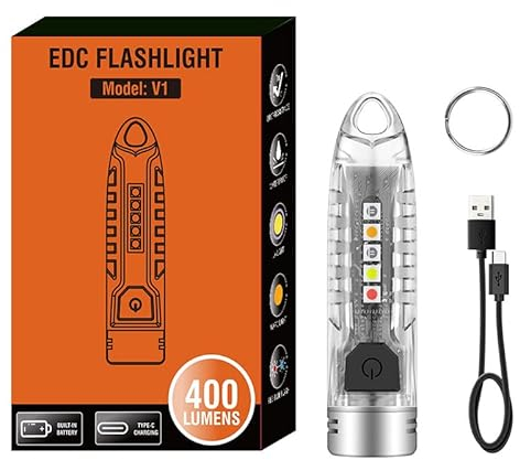 KUPRO Mini Keychain Torches LED Super Bright 400 Lumens Rechargeable EDC Flashlight Keyring Torch with UV Yellow Red Blue Warning Light Multifunctional Emergency Lights 12 Modes for Outdoor Camping