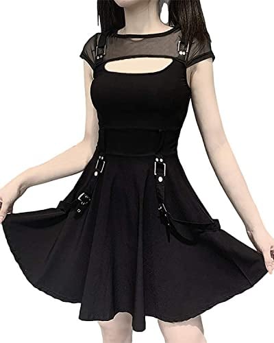 DINGJIUYAN Halloween-Kleid, Gothic, Steampunk, schwarz, Lolita, sexy, schmal, Slip-Kleid, kurze Ärmel, hohle Ösen, Spitze, Ballkleid, Schwarzes Lolita-Kleid, M