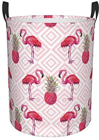 Grand panier à linge rond en tissu Oxford rose flamant rose ananas pour chambre à coucher