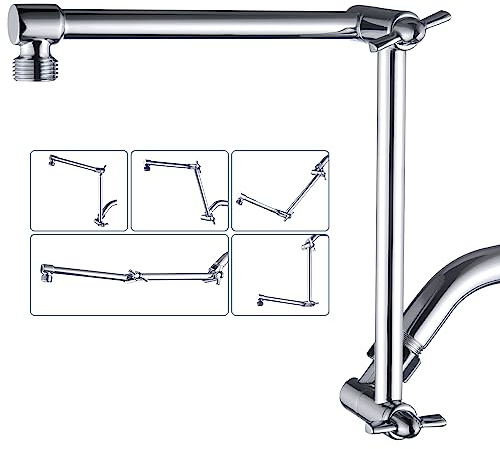 Bright Showers Brass Shower Arm Extender for Rain and Handheld Shower Head, 14 Inch Universal Shower Head Extension Arm, Adjustable Height & Angle, Chrome