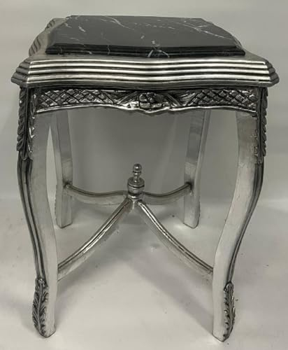 Casa Padrino Barock Beistelltisch Silber/Schwarz - Handgefertigter Antik Stil Massivholz Tisch mit Marmorplatte - Wohnzimmer Möbel im Barockstil - Antik Stil Möbel - Barock Möbel