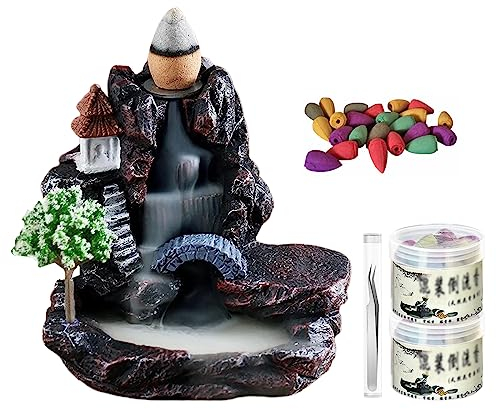 Guador Räuchergefäß mit Rückfluss-Effekt Backflow Incense Burner Ornament Räucherstäbchenhalter mit 80Pcs Multi Aromatisierte Rückfluss Räucherkegel und Edelstahl Pinzette Meditation Zubehör