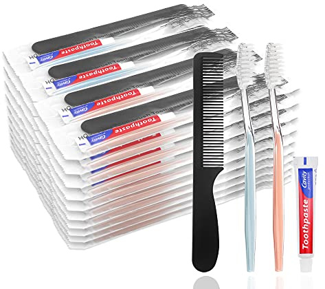 30 Pack Disposable Toothbrushes with Toothpaste and Comb Individually Wrapped,10g Travel Toothpaste,7inch Black Hair Comb, Travel Toothbrush Set for Guest, Hotel,AirBnb