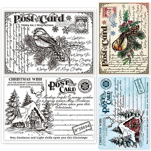 GLOBLELAND Weihnachtspostkarte Porto Transparent Transparente Stempel Retro-Text Hintergrund Vogel Prägestempelbögen Transparente Silikonstempel Siegel Für DIY-Scrapbooking