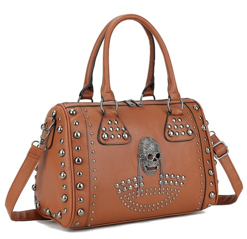 FiveloveTwo Damenhandtaschen Schäde Gothic Rivet Henkeltaschen Tote Schulter Shopper Umhängetasche Braun