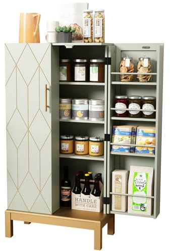 HOLTICO Pantry Cupboard, Kitchen Cupboard Kitchen Storage Cabinet with Doors & Adjustable Shelves Cabinet Freestanding for Kitchen, Bathroom, Living Room,Green