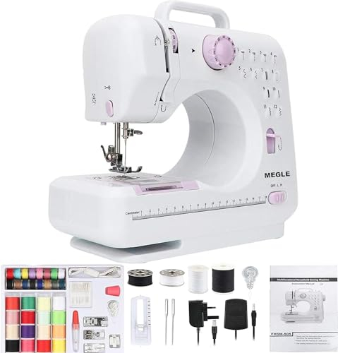 Nähmaschine mit Fußpedal für Anfänger und Kinder, 53 PCS-Zubehör, 12 eingebauten Stichen, 5-Sprachen-Handbuch, MEGLE FHSM-505A