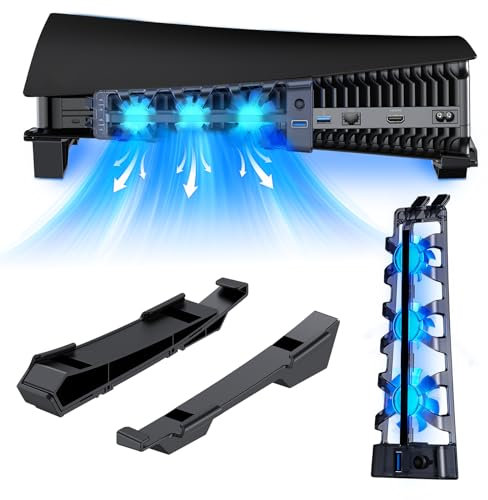 NexiGo Support horizontal PS5 avec ventilateur de refroidissement silencieux amélioré et vitesse réglable, [faible bruit], [marche/arrêt automatique], avec port USB 3.0, lumière LED intégrée, pour les