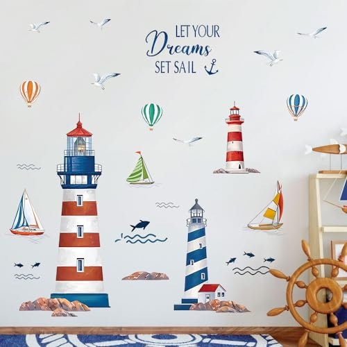 Leuchtturm Wandtattoo 3D-Effekt Freizeitspaß Wandaufkleber Segelboot Möwen Wandsticker Wanddeko für Kinderzimmer Babyzimmer Jungenzimmer - Nautisch, Vinyl, Wasserdicht, Indoor
