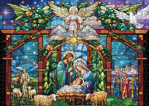 Krippen-Puzzles Buntglas 1000 Teile Puzzle für Erwachsene, Jesus Jigsaw Puzzles Puzzle, religiöses Puzzle Jesus Christliches Puzzle als Familienspiele
