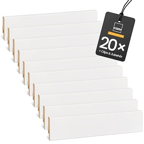 Komplett-Set 48m Sockelleiste MEGA – Weiß folierte MDF Fußleiste mit Zubehör – Maße: 2400 x 16 x 58 mm – 20 Stück (20 St. / 48 Meter)