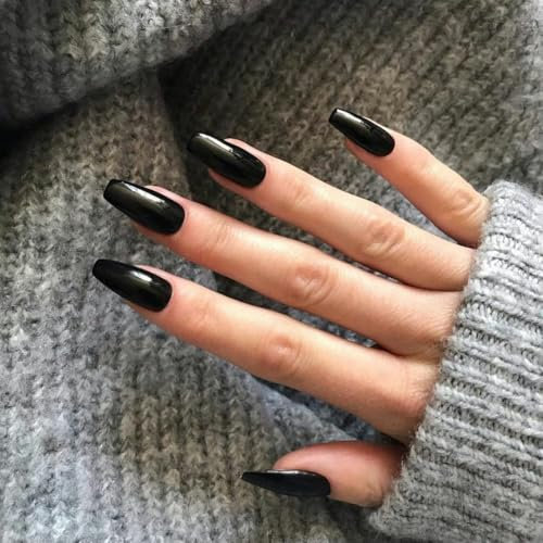 MouyouGlow Press on Nails Kurz,Ballerina Halloween Schwarz Plain Glossy Fake Nails mit Nagelkleber,Black Solid Künstliche Fingernägel …