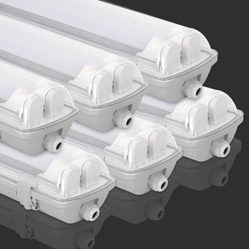 Fiqops 6 Stück Feuchtraumleuchte LED 150cm 2 X 24W 4800lm Wannenleuchte Neutralweiß 4500K IP65 Wasserfest Feuchtraumlampe Doppelt T8 LED Röhre,Röhrenlampe Werkstattlampe für Garage Keller Büro