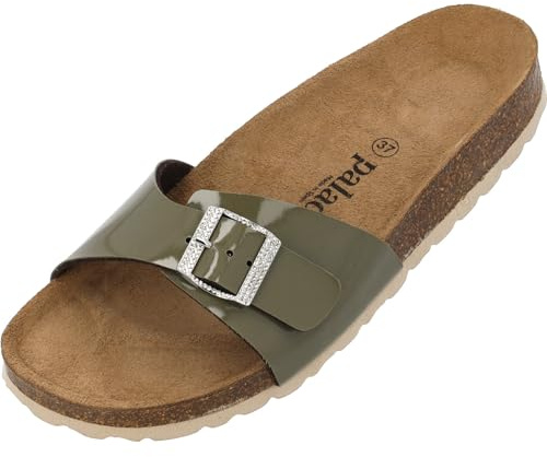 Palado Pantoletten Damen Malta Lack SQS - gefertigt in Spanien - Veloursleder-Fußbett - Lack-Optik - funkelnde kleine Glitzerschnalle - EVA-Sohle Khaki UK8 - EU41