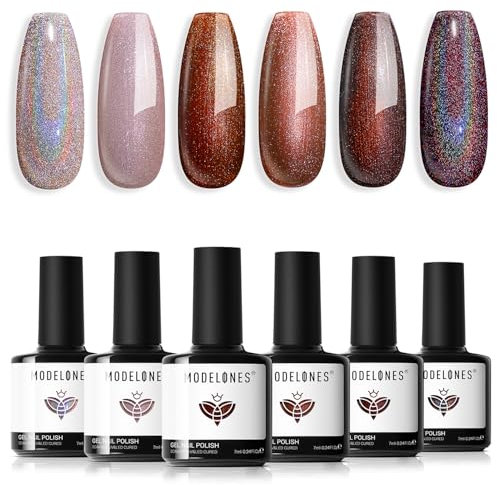 Modelones Vernis Semi Permanent,Vernis Gel UV Semi Permanent Paillettes Argent Marron Noir 6 Couleur Vernis à Ongles Soak Off Gel Polish French Manucure