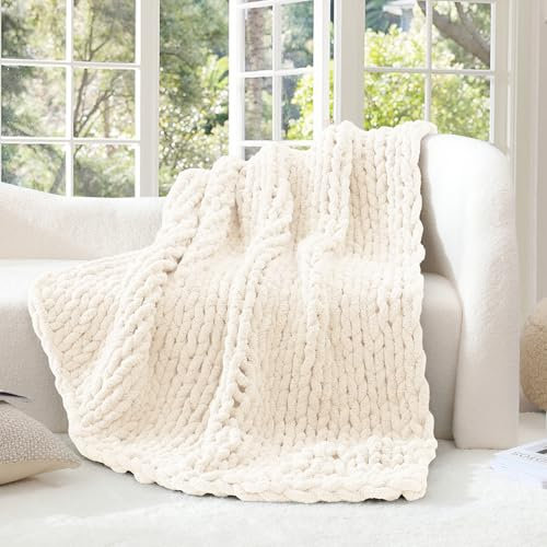 WRENSONGE Chunky Knit Blanket Throw Ivory Large Soft Fluffy Cable Knit Crochet Throw 100% Hand Knitted Blanket for Couch Bed(40x40)