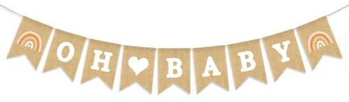 Sprinlot Oh Baby Banner, Babydusche Girlande, Leinen Wimpelkette, Hängedeko für Babyparty, Welcome Home Deko
