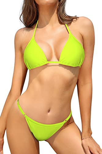 SHEKINI Ensemble bikini 2 pièces pour femme, triangle classique dos nu, haut de bikini réglable, maillot de bain brésilien, taille basse, slip tanga, maillot de bain deux pièces, Jaune fluorescent