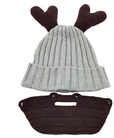 WUODHTW Kreative Strickmütze mit Geweih, lustig, für Halloween, Weihnachten, Party, Skimütze, Ohrenklappe, Winter, warme Mütze, Rasta-Hut, grau, Einheitsgröße