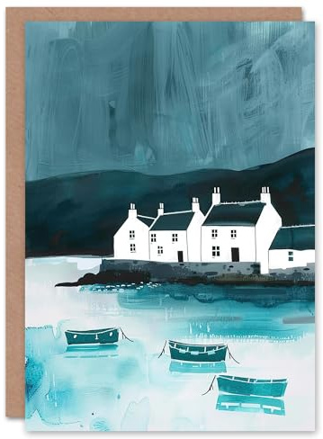 Artery8 Greeting Card Scottish Seascape White Coastal Cottages Boats Blank For Him Or Her Art Birthday Card