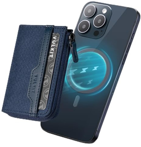 VULKIT Magnetische Kartenbrieftasche, kompatibel mit MagSafe Wallet RFID-blockierender Handy-Kartenhalter für iPhone 15/14/13/12 Serie, navy, no, Minimalistisch