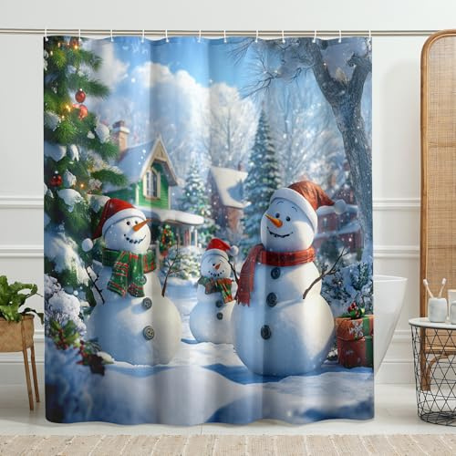 Schneemann-Duschvorhang, Winterurlaub, Schneemann, Badezimmer-Dekoration, Weihnachtsfigur, wasserdichter Stoff, Duschvorhang-Set mit Haken, 183 x 183 cm