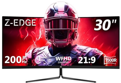 Z-Edge 30 Zoll Ultrawide Curved Gaming Monitor 200Hz (DP) 165Hz (HDMI) 1ms MPRT, 2560x1080 VA Panel, 21:9 R1500 Curved Bildschirm, 99% sRGB, 300cd/m² Helligkeit, FreeSync, HDMI & DisplayPort, Schwarz