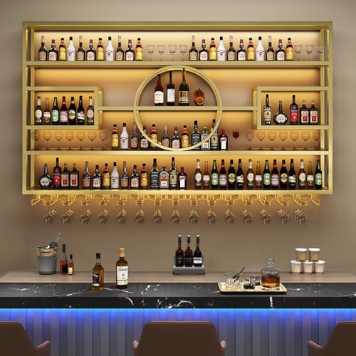 Weinregal Wand Weinregal Zur Wandmontage Mit Glashaltern Metall Flaschenregal Weinregale Gläserhalter Weinflaschenhalter Flaschenhalter Ideal Als Barregal Und Getränkehalter Für Weinkeller Küche(Gold,
