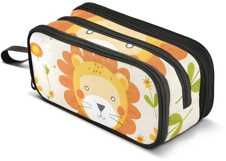 Niedliches Federmäppchen mit kleiner Löwe, großes Fassungsvermögen, Stifttasche für Jungen und Mädchen, 3 Fächer, Federmäppchen, Studenten, Schreibwaren, Organizer, Marker-Etui für Schule, Büro,
