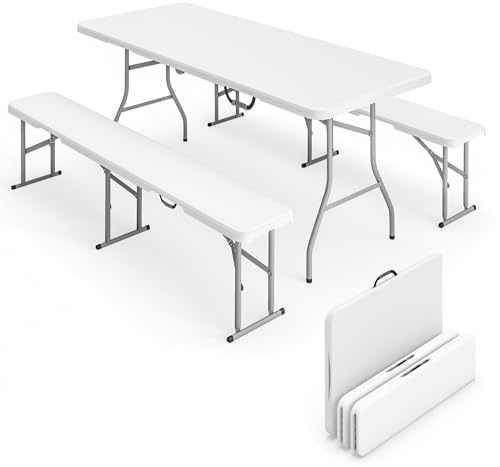 Outsunny Ensemble Table Pliante et bancs de Pique-Nique 180 cm, Table Camping Pliante avec chaises Portable avec poignées de Transport, Banc Pliable pour terrasse, Jardin, Barbecue, Blanc
