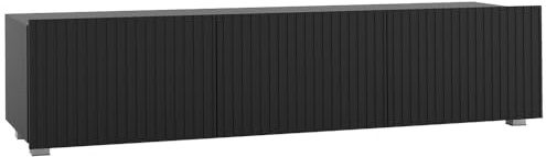 Lomadox Wohnzimmer TV-Board 150 cm Breite mit Rillenfront in schwarz matt, 3 Softclose-Türen wandhängend oder mit Füßen montierbar grifflos